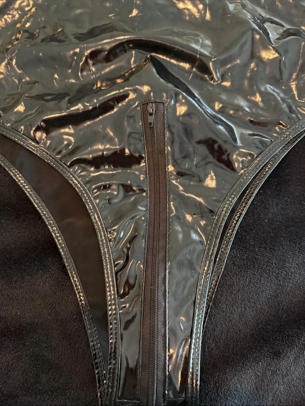 Black Vinyl Halter One-Piece Bodysuit with Front Crotch Zip